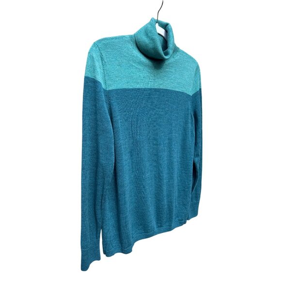 XL 100% Merino Wool Two-Tone Colorblock Teal Turtleneck Sweater Long Sleeve - Picture 2 of 6